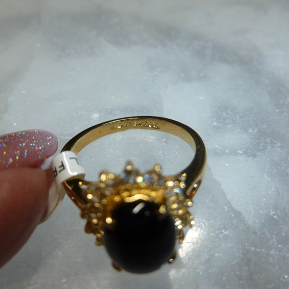 18k Yellow Gold EP Onyx Halo Swarovski Crystal Dolphin Ore Ring - Picture 6 of 11